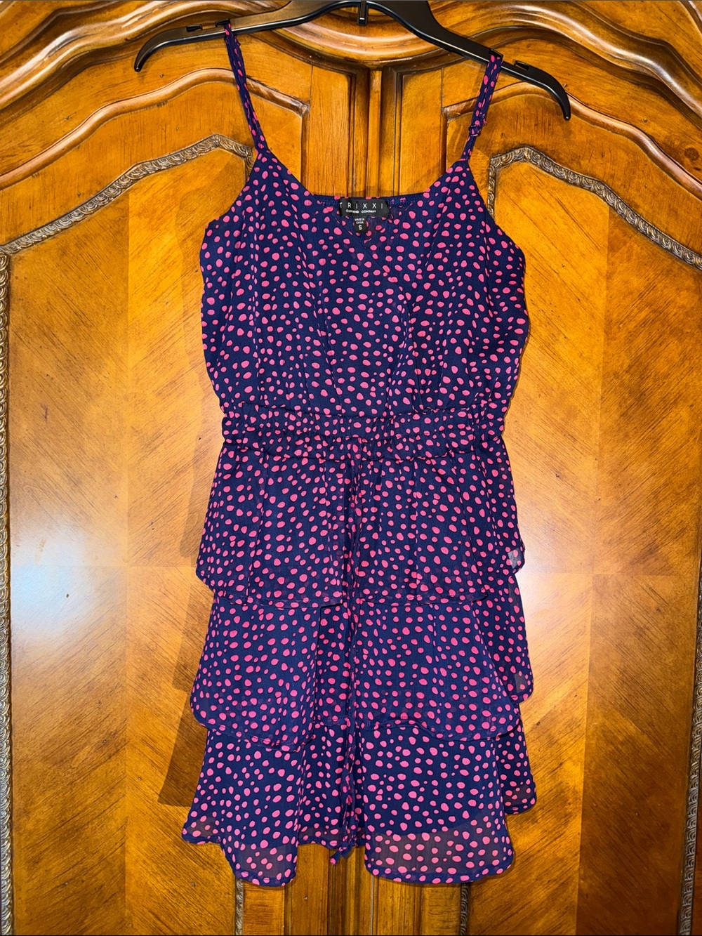 Girls' Navy Dress with Pink Polka Dots and Tiered Skirt